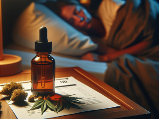 CBD-Öl und Hanfblüten mit Analysezertifikat auf Nachttisch, Ruhe, Schlaf, Angst, Panik