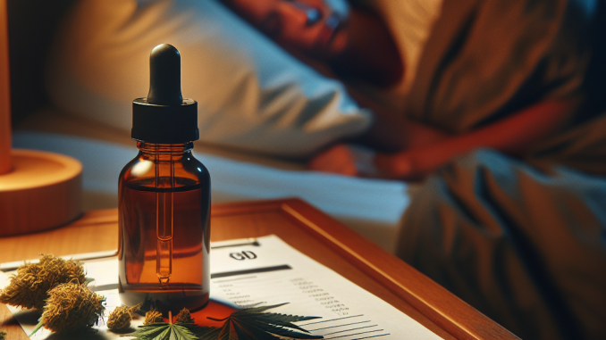CBD-Öl und Hanfblüten mit Analysezertifikat auf Nachttisch, Ruhe, Schlaf, Angst, Panik